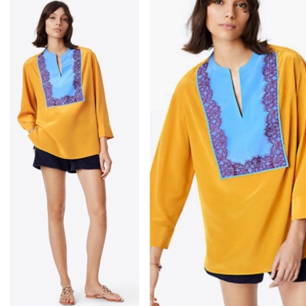 Tory Burch Silk Tunic Top Mustard Yellow & Blue Lace Bib‎ Detail